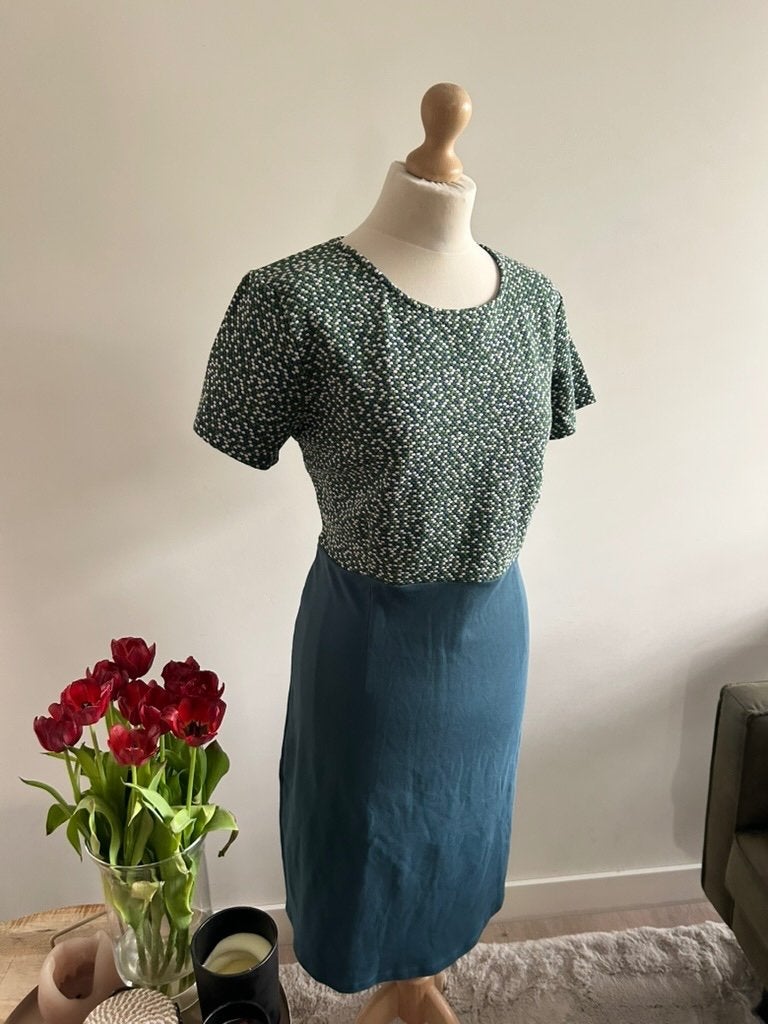King Louie maat XL prachtige classy stipjes jurk 3267, Blauw, Maat 46/48 (XL) of groter, Ophalen of Verzenden, Zo goed als nieuw