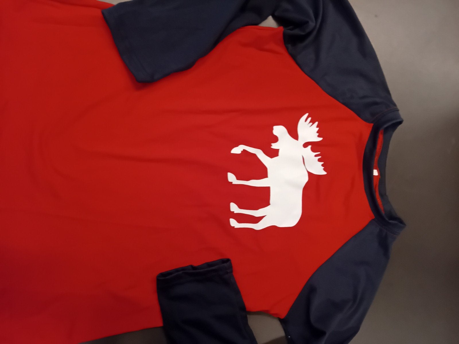 Rood-blauw shirt met elandprint, maat L, Kleding | Dames, T-shirts, Ophalen, Maat 42/44 (L), Lange mouw, Rood