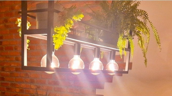 Industriële Zwarte Hanglamp met Rek - 4 Lichtpunten, Huis en Inrichting, Gebruikt, Metaal, Industrieel, E27 (groot)