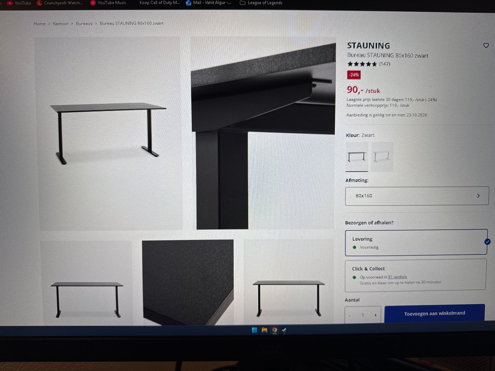 STAUNING Bureau 80x160x75 cm (BxLxH) Zwart - gebruikt, Ophalen, Zwart, 160 cm, Gebruikt