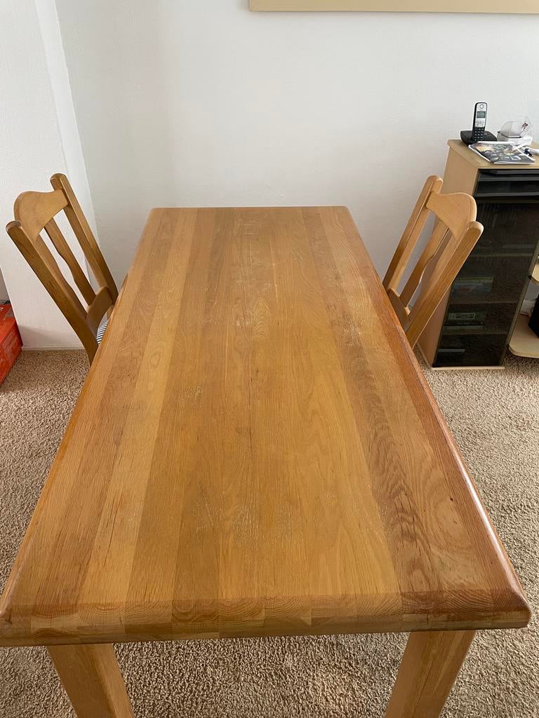 Massief eiken eettafel met 2 stoelen, Huis en Inrichting, Tafels | Eettafels, Ophalen, 100 tot 150 cm, Eikenhout, Tot twee personen