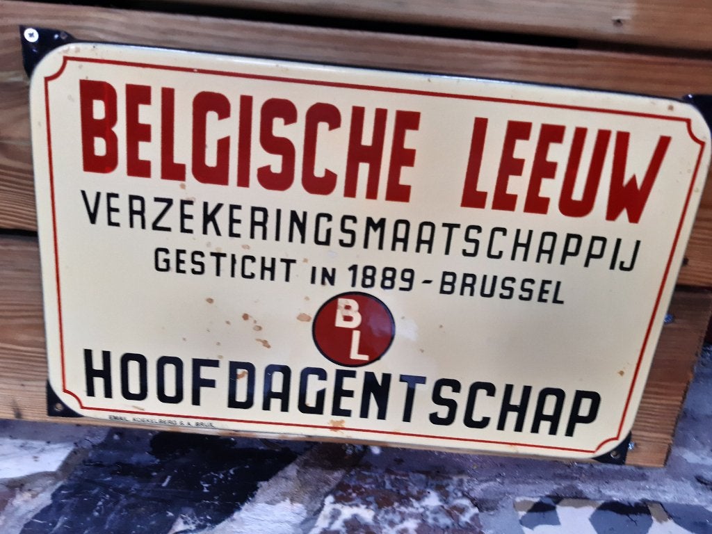 50 tiger jaren emaille bord belgische verzekering belg leeuw, Antiek en Kunst, Antiek | Emaille, Ophalen of Verzenden