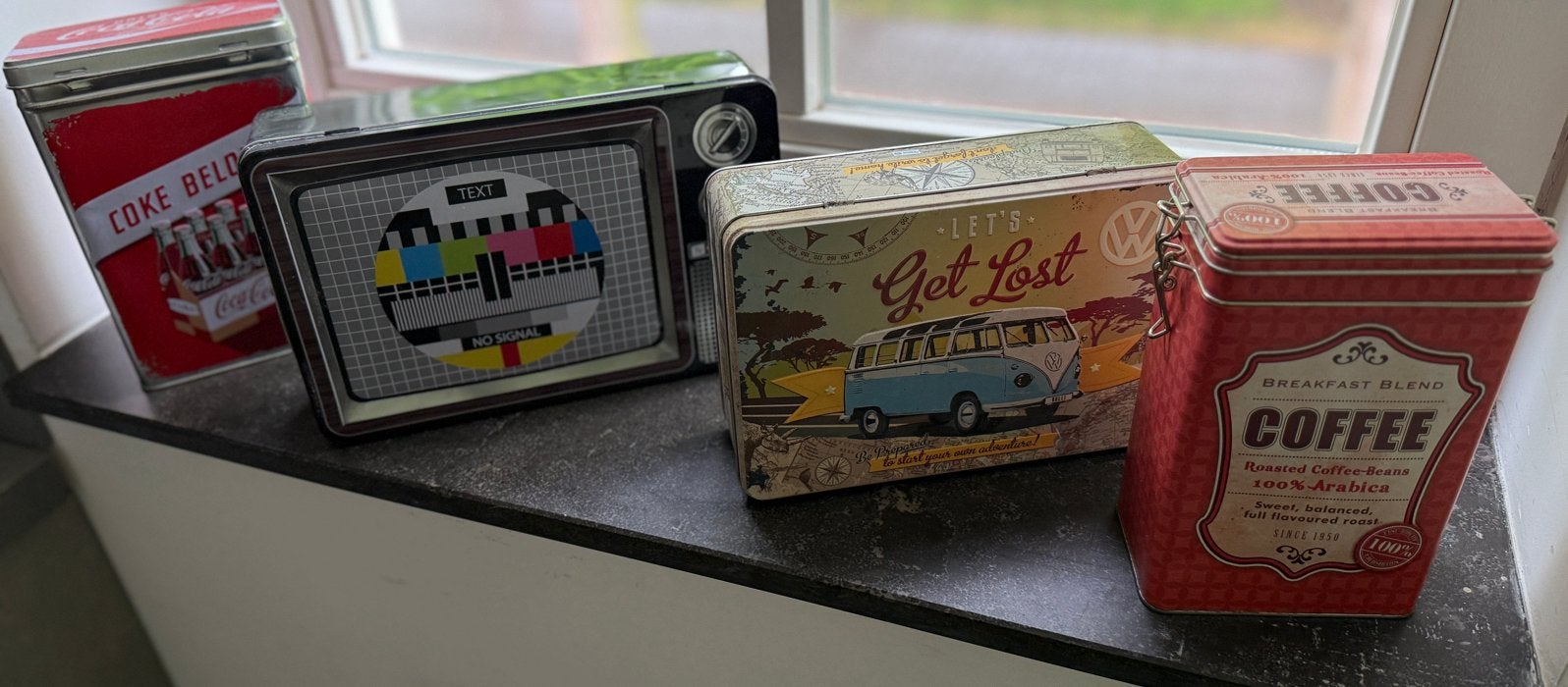 Set van 4 decoratieve blikken - Coca-Cola, TV, VW, Koffie, Verzamelen, Ophalen, Gebruikt, Overige, Overige merken