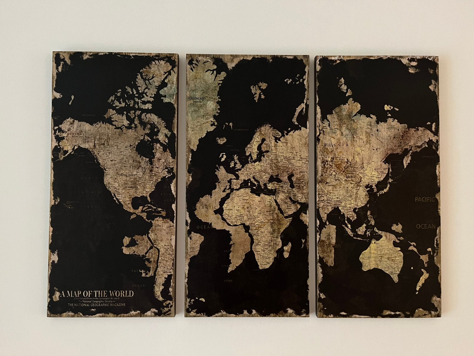 Wereldkaart drieluik, houten 3 luik wereld kaart, Antiek en Kunst, Ophalen