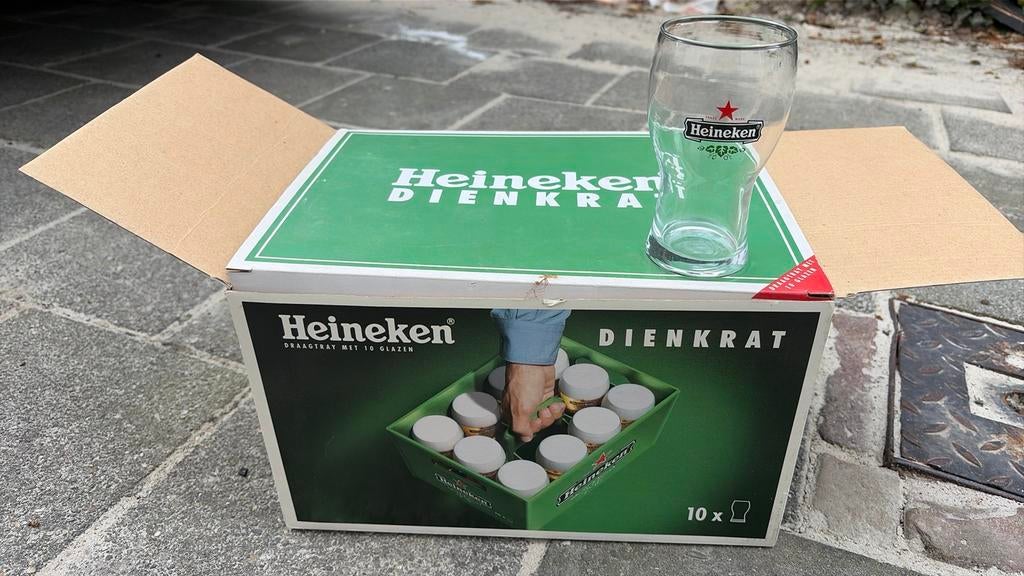 Heineken dienkrat met glazen, Verzamelen, Ophalen, Nieuw, Glas of Glazen, Heineken