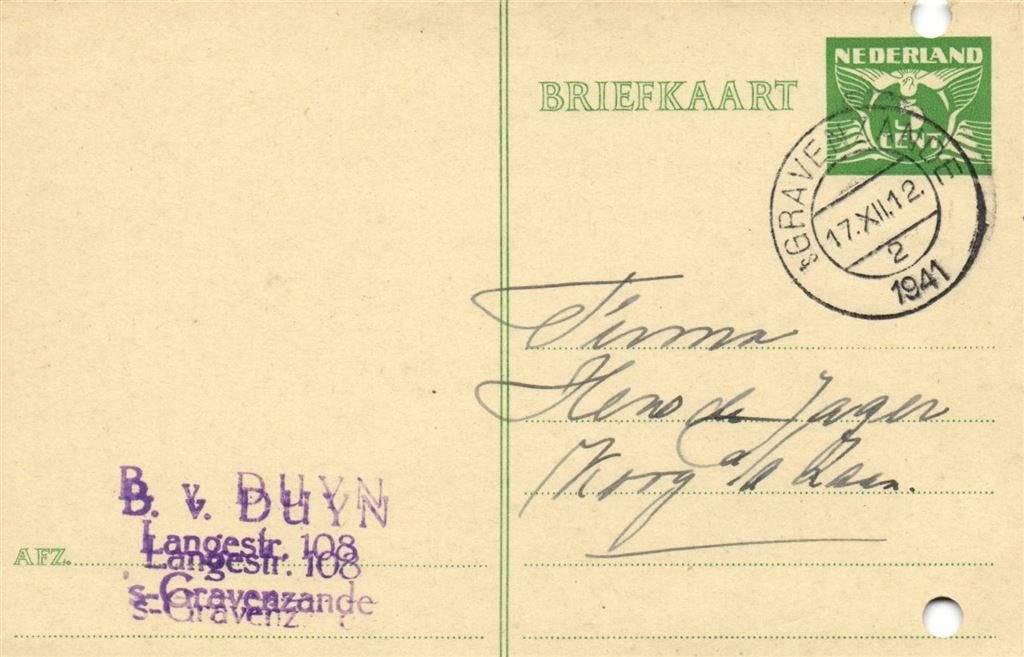 B. v. Duyn, s-Gravenzande - 12.1941 - briefkaart, Ophalen of Verzenden, Briefkaart