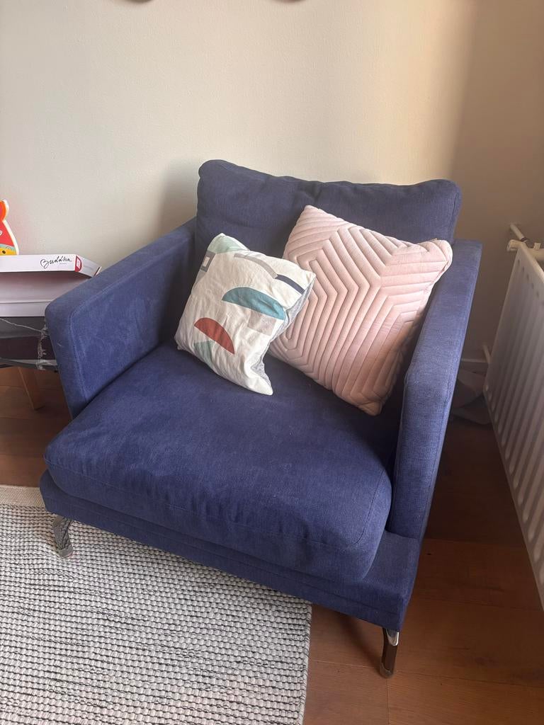 Koningsblauwe fauteuil, gebruikt maar goede staat, Ophalen, Gebruikt, Stof, 75 tot 100 cm