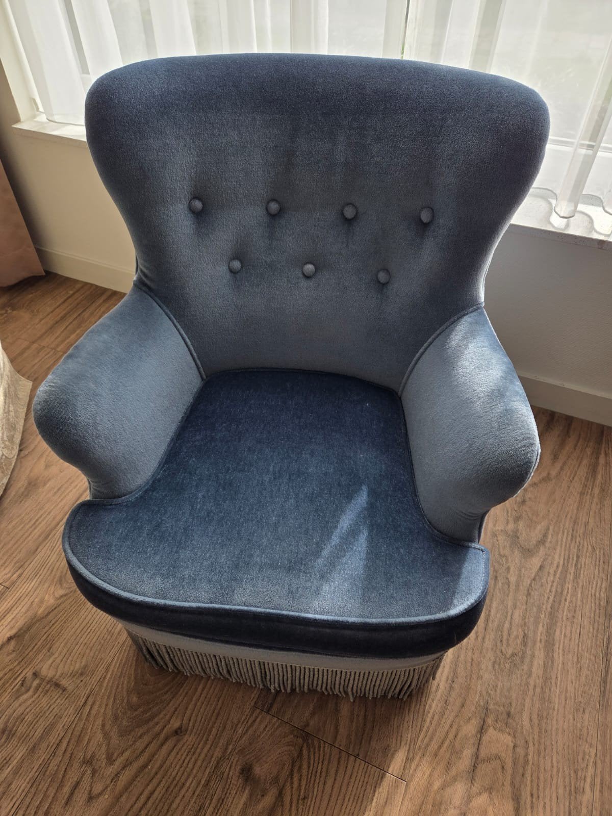 Vintage blauwe fauteuil met franjes, Ophalen of Verzenden