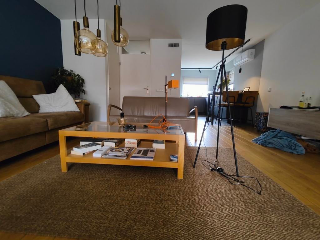 Lederen bank, design tafel, lampen - complete inboedel, Gebruikt, Design, Driepersoons, 75 tot 100 cm