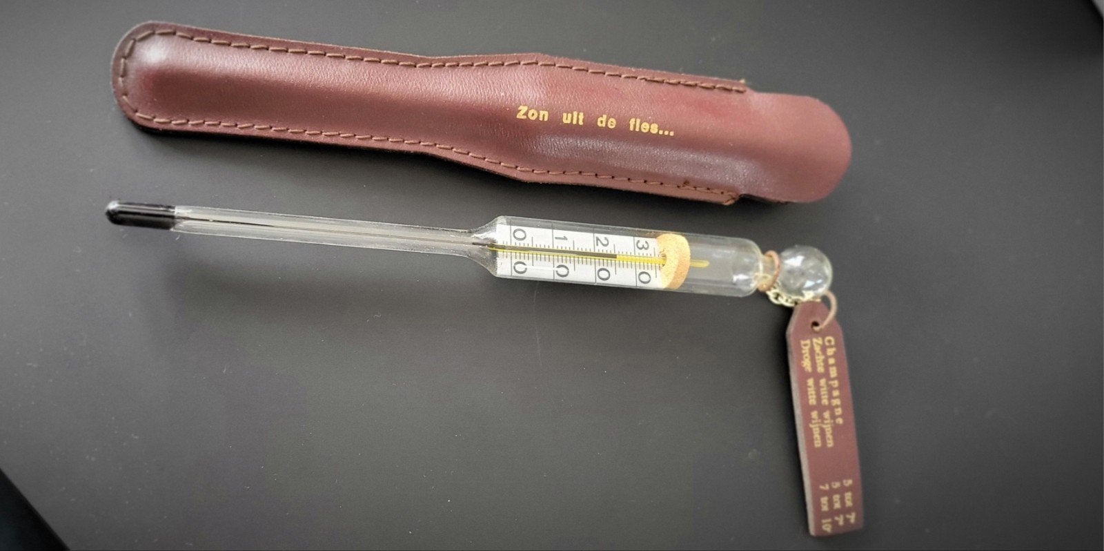 Vintage Wijnthermometer met Leren Etui - Zon uit de fles, Ophalen of Verzenden, Gebruikt, Frankrijk, Overige typen
