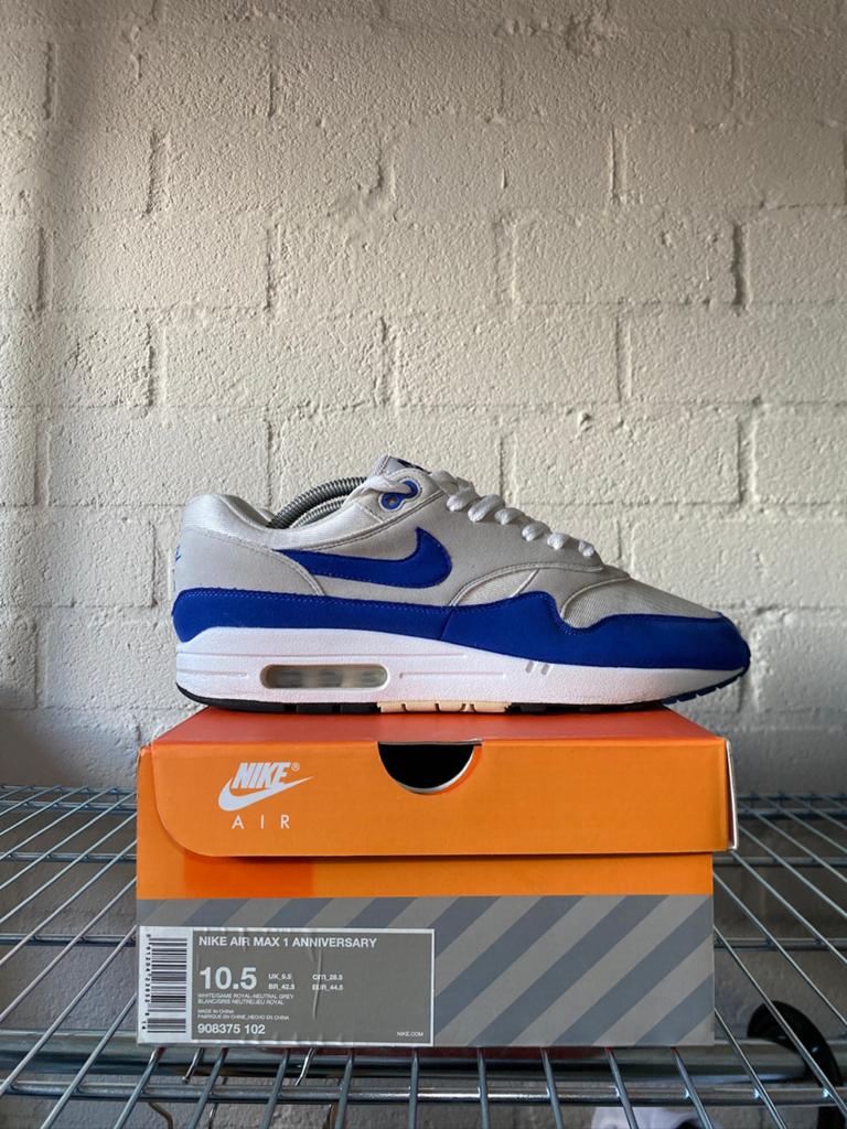 Nike Air Max 1 Anniversary Royal Blue 44,5, Verzenden, Gedragen, Blauw, Sneakers of Gympen