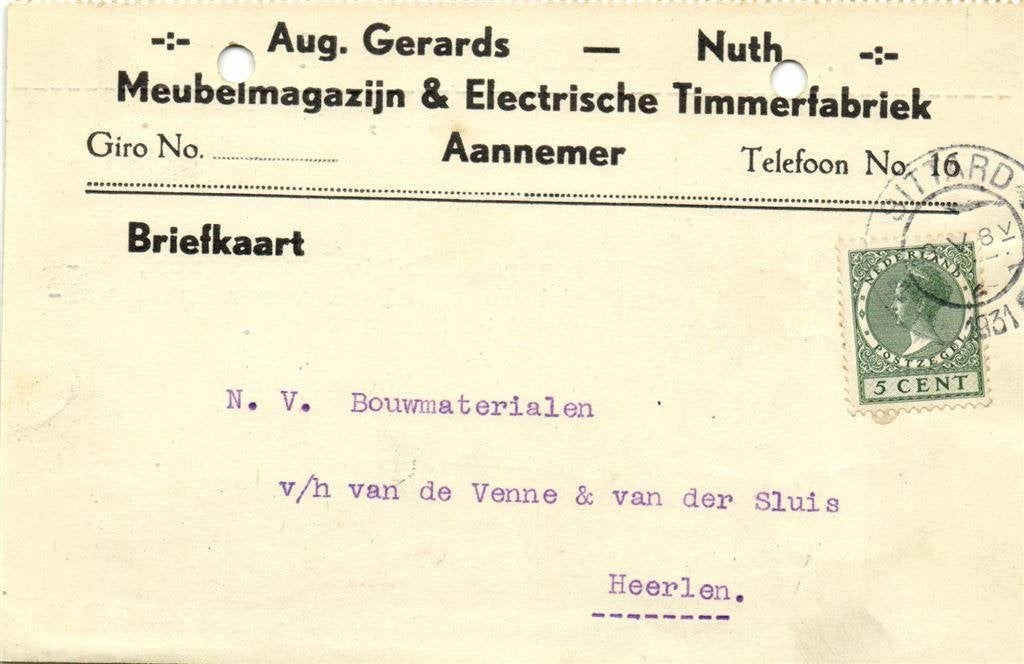 Aug. Gerards - Nuth - 05.1931 - briefkaart, Ophalen of Verzenden, Briefkaart
