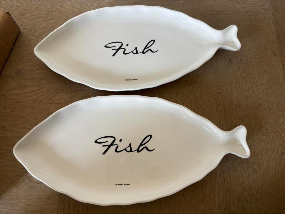 6 Riviera Maison Fish Borden - Nieuw in doos, wit, maat L, Keramiek, Nieuw, Ophalen of Verzenden, Bord(en)
