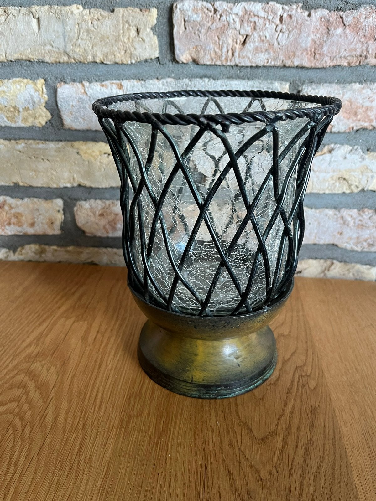 Sfeervolle Kandelaar met Gecraqueleerd Glas en Metaal, Huis en Inrichting, Bruin, Ophalen of Verzenden, Zo goed als nieuw, Metaal
