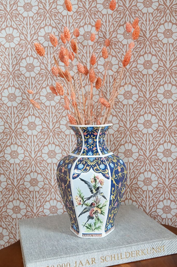 Vintage hexagon vaas bloemen vogels, Ophalen of Verzenden