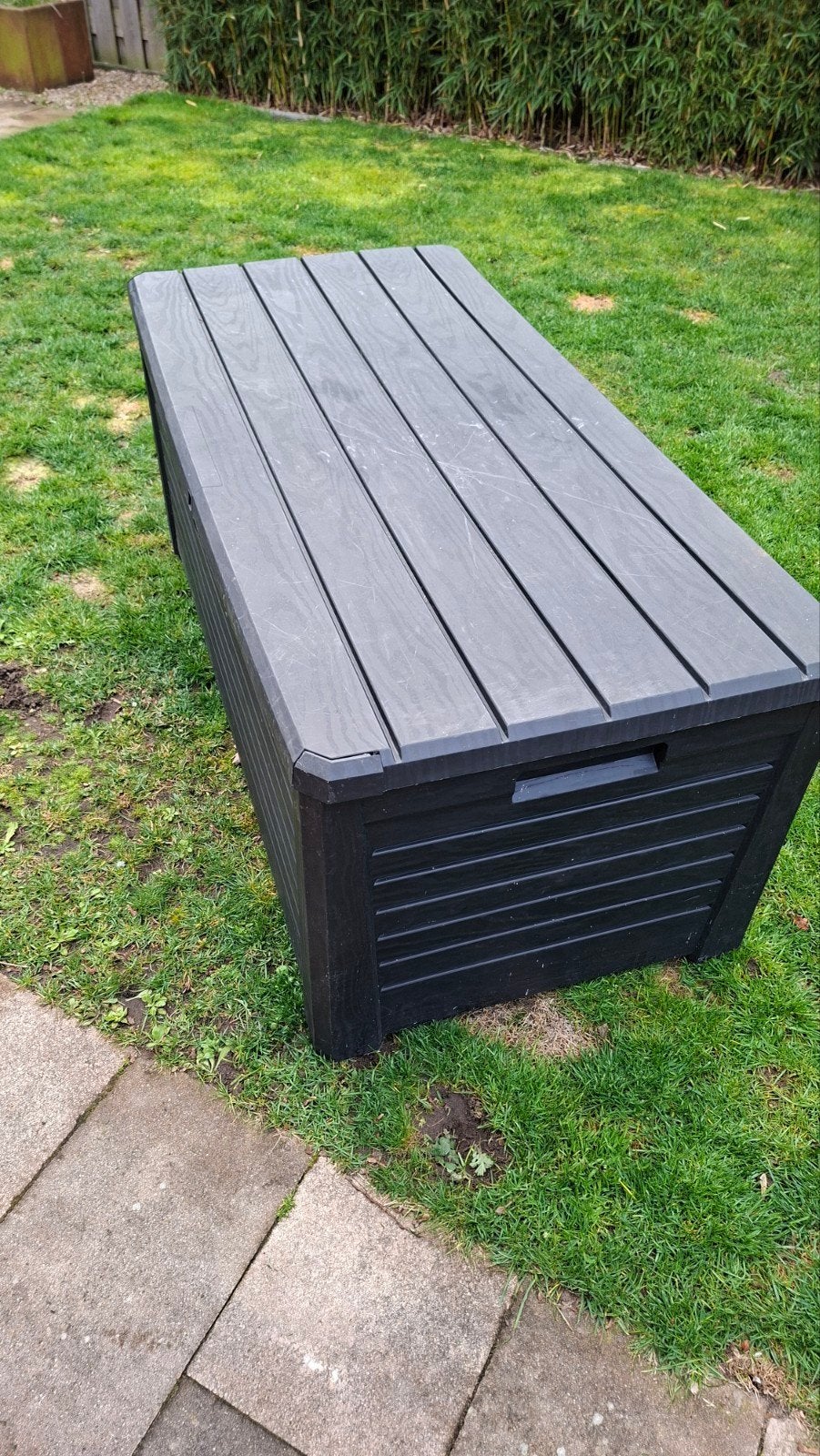 Tuinkussenbox L144 H65 B70 zwart, Ophalen, Gebruikt, Kunststof, Overige typen