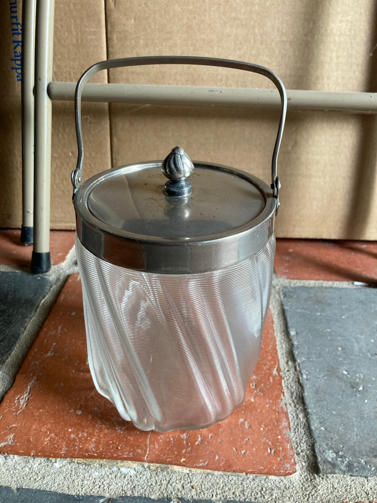 Vintage ijsemmer geribbeld glas met metalen hengsel, Ophalen of Verzenden