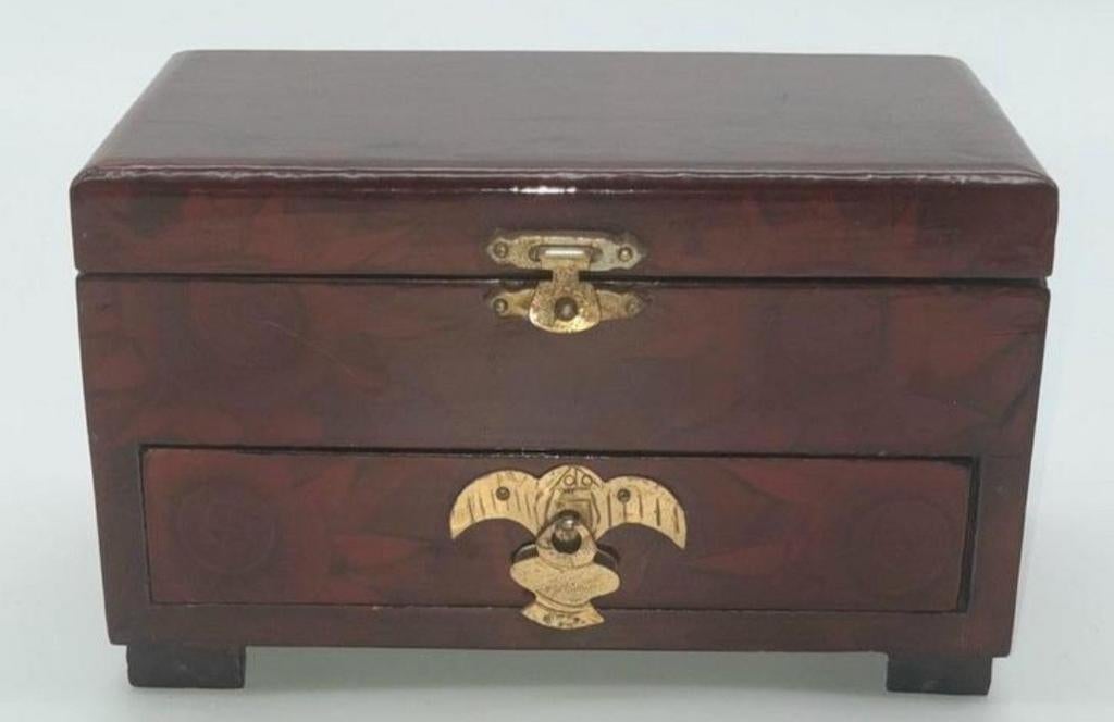 Vintage gelakte houten sieraden doosje, Ophalen of Verzenden