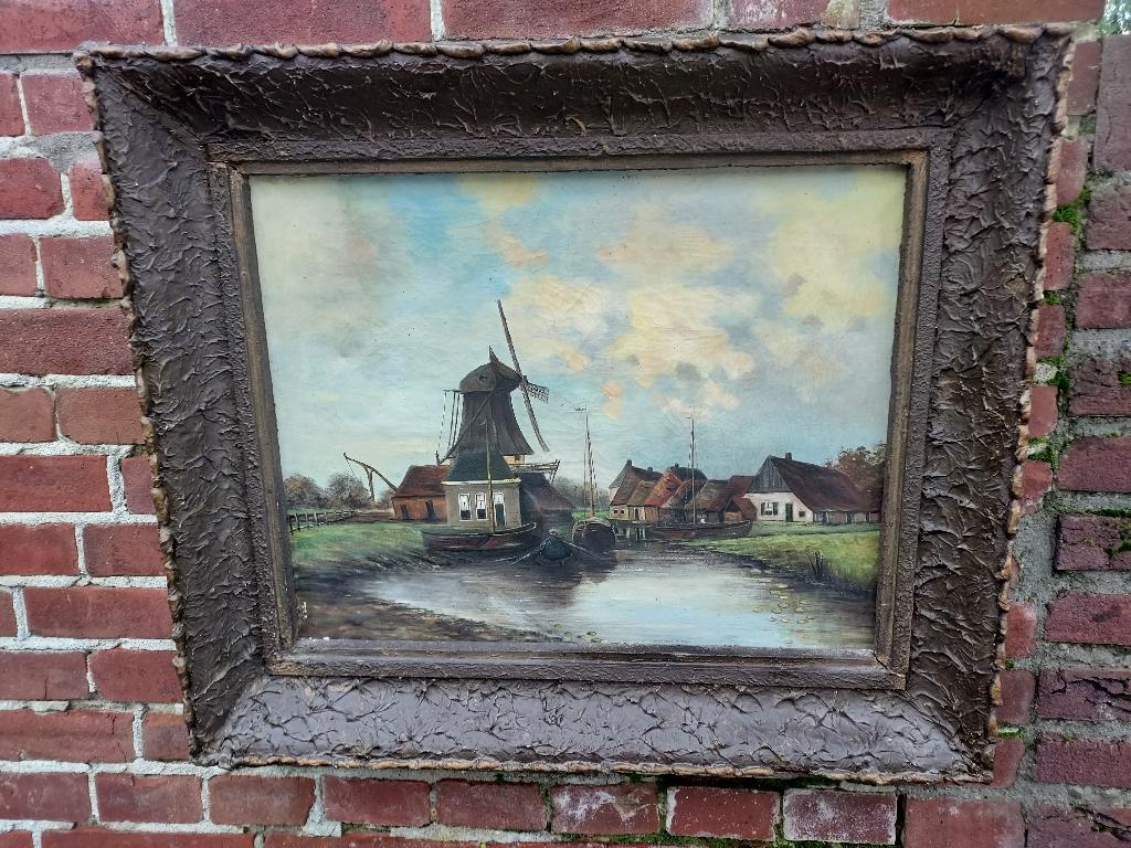 Schilderij landschap met molen aan de vaart., Ophalen