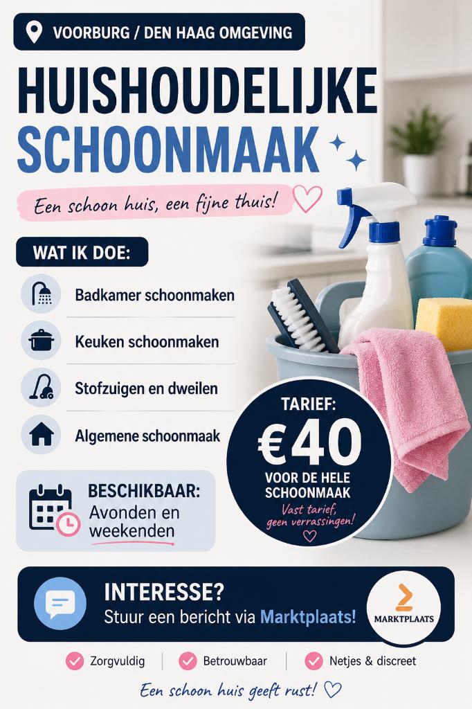 Huishoudelijke schoonmaak in Voorburg / Den Haag  €40 totaal, Ophalen, Mop of Dweil