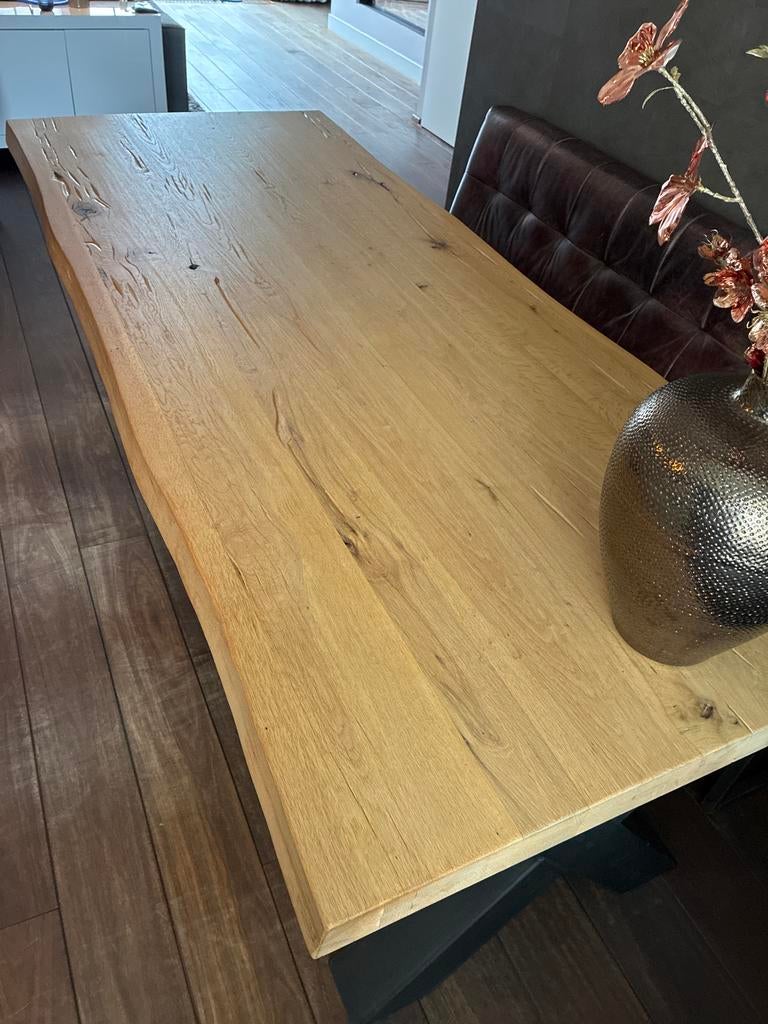 Robuuste Eiken Eettafel met Metalen X-poten - 240x98x78cm, Ophalen, Eikenhout, 200 cm of meer, 50 tot 100 cm