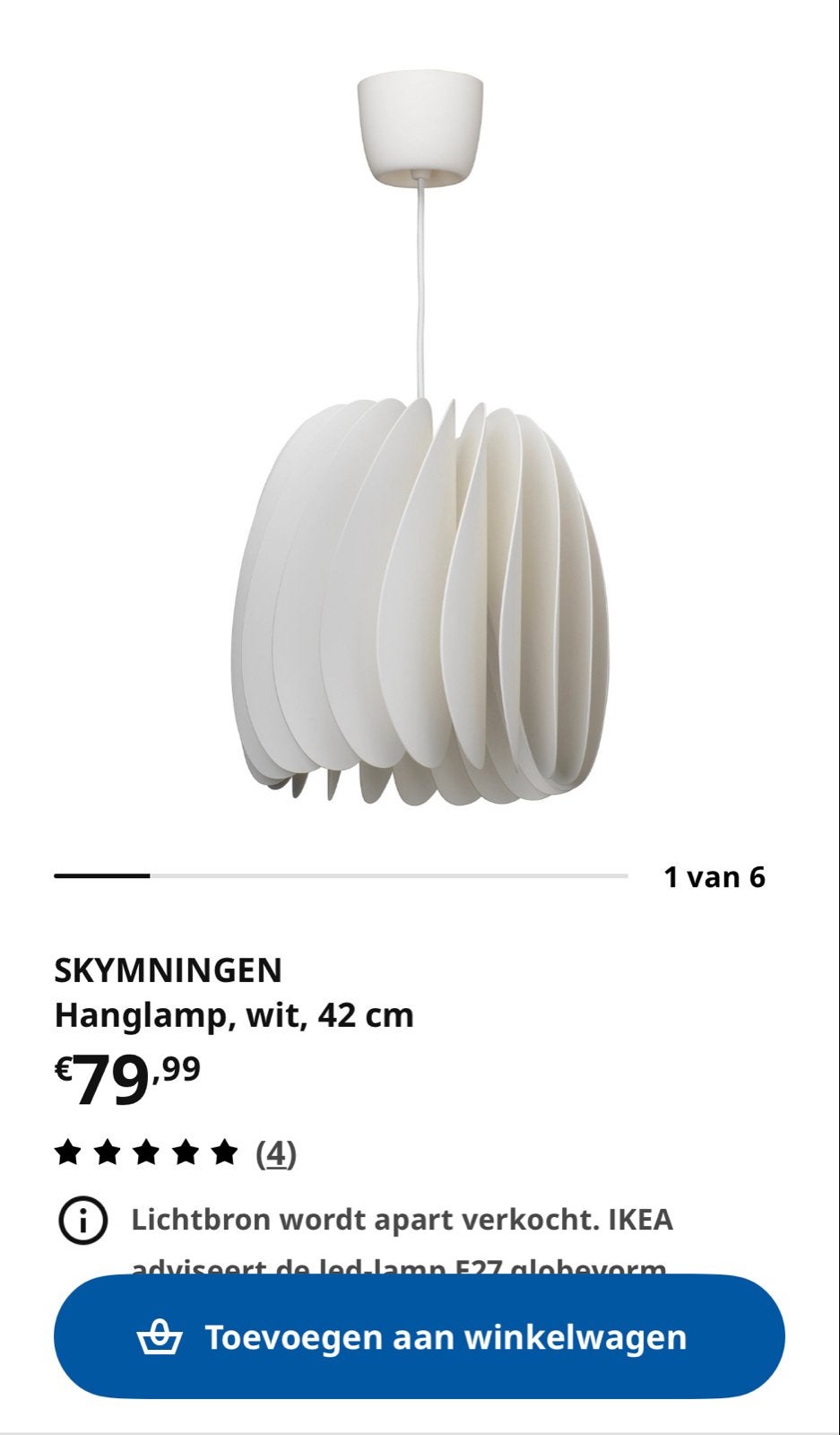 IKEA SKYMNINGEN Hanglamp, wit, 42 cm, Ophalen, Zo goed als nieuw, Kunststof, Minder dan 50 cm