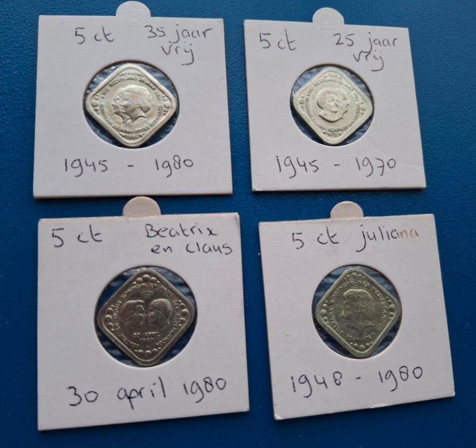 Set van 4 Nederlandse 5 cent munten (vierkant), Verzenden, Overige materialen, Nederland