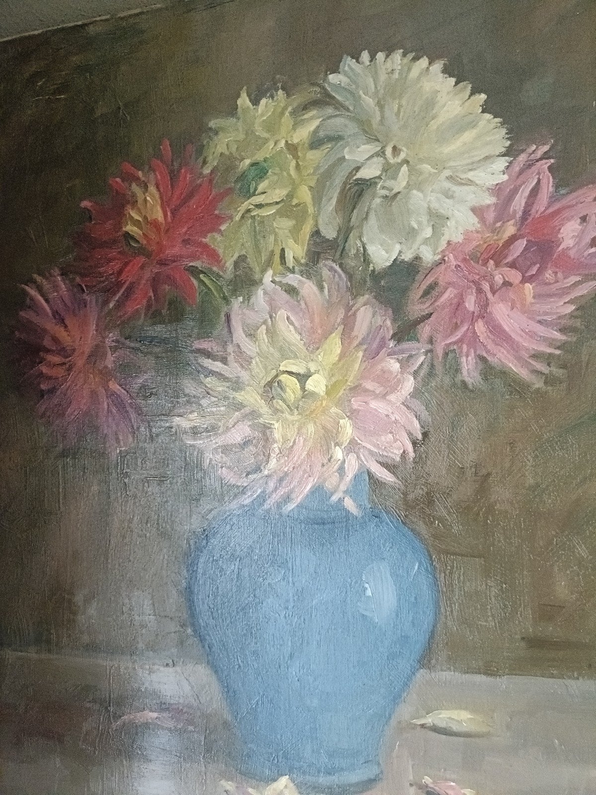 Schilderij: Stilleven  Dahlia's in blauwe vaas, gesigneerd, Antiek en Kunst, Ophalen of Verzenden