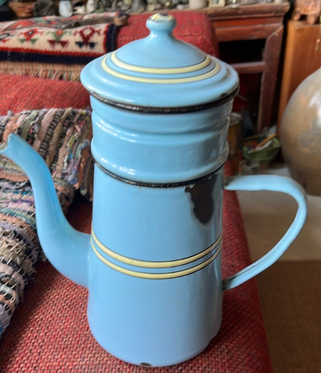Antiek Emaille Koffiepot- L. Blaauw met Gele strepen, Antiek en Kunst, Antiek | Emaille, Ophalen of Verzenden