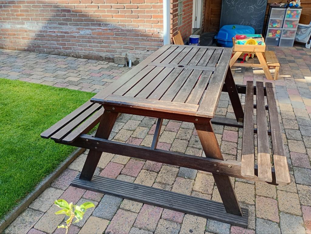Picknicktafel tuinbank hout groot stevig robuust, Tuin en Terras, Picknicktafels, Ophalen, Gebruikt, Rechthoekig, Hout