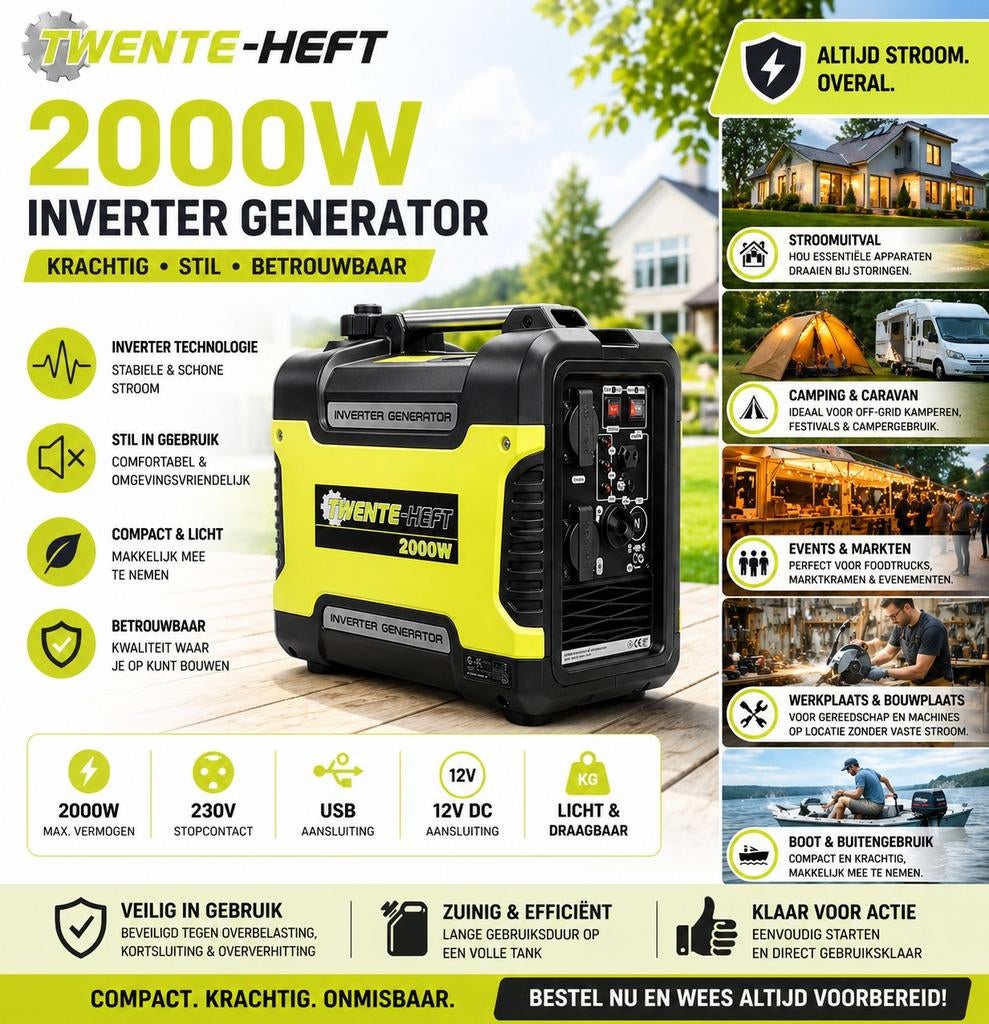 Afgeprijsd, 2000W Inverter Generator, Stille 230V Aggregaat, Nieuw, Geluidgedempt, Minder dan 5 kVA, Verzenden
