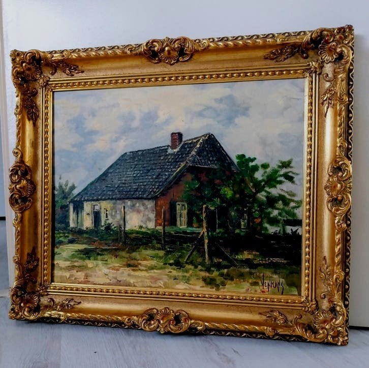 Olieverf op doek - Landelijk huisje met gouden lijst, Bijzondere lijst, Doek, Realistisch, Ophalen of Verzenden