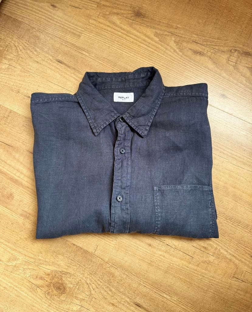 Replay overhemd 100% linnen ~ maat XL, Kleding | Heren, Ophalen of Verzenden, Zo goed als nieuw, Blauw, Halswijdte 43/44 (XL)