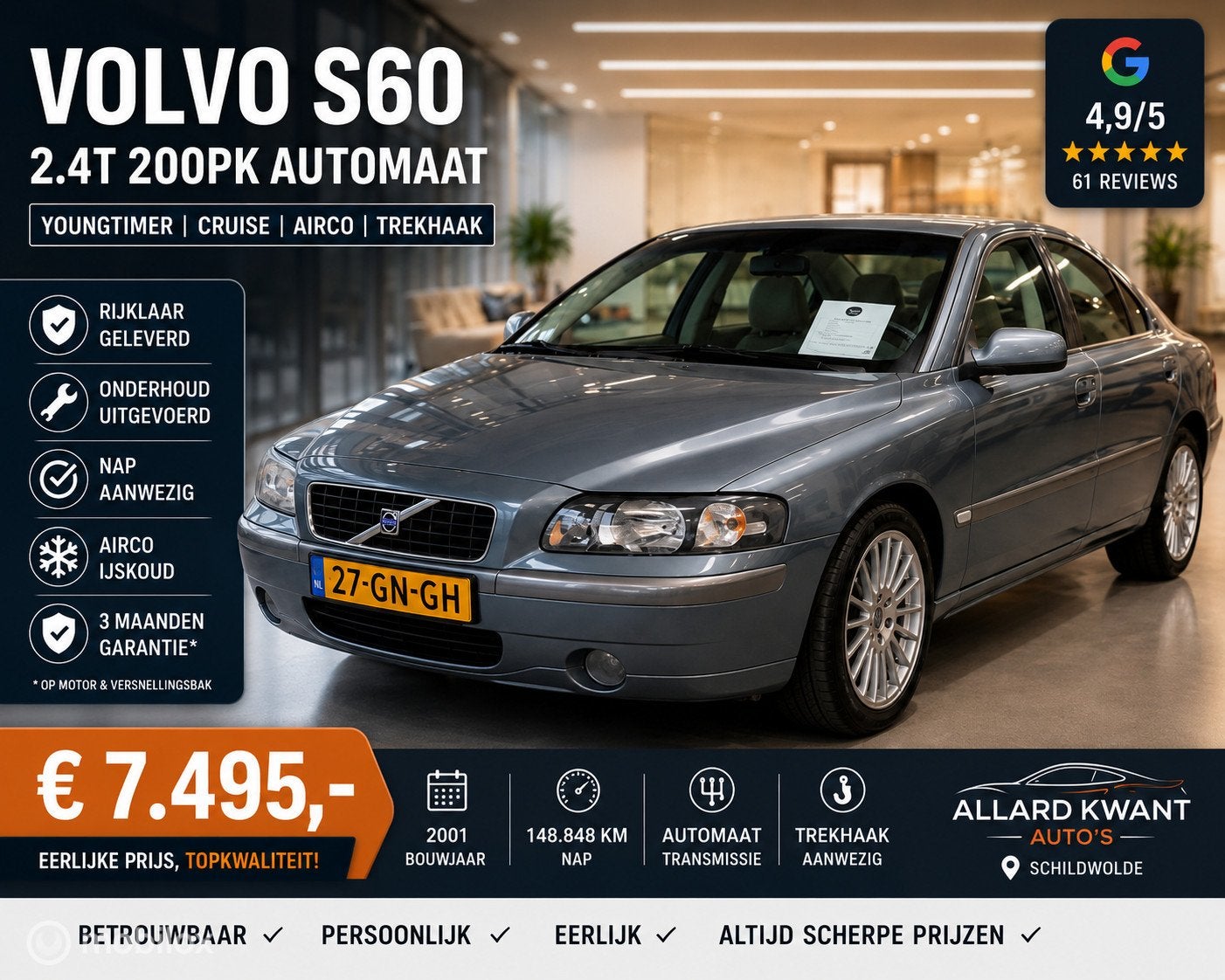 Volvo S60 2.4T 200pk Automaat/Youngtimer/Leder/148dkm/NAP, Auto's, Gebruikt, Startonderbreker, S60, Bedrijf