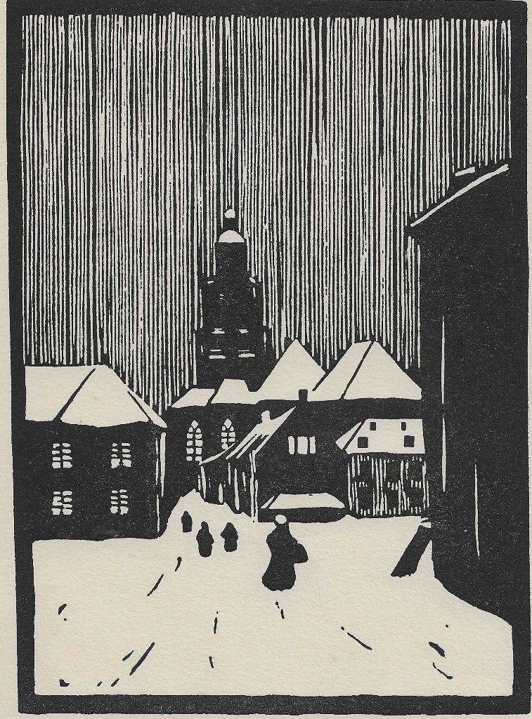 Gazenbeek, Jac. Winter in de stad Houtsnede, Antiek en Kunst, 18 cm, Stadsgezicht, Ophalen of Verzenden, Houtsnede