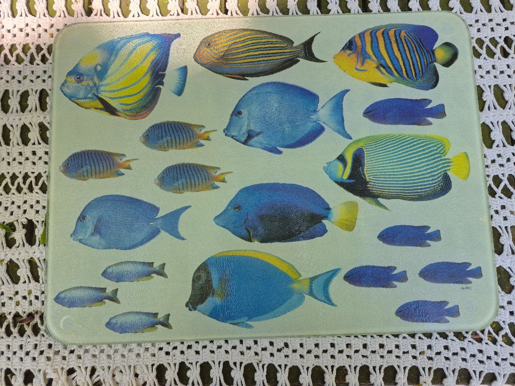 Glazen snijplank/serveerplank met vrolijke vissenprint, Glas, Snij-/serveerplank, Ophalen of Verzenden, Zo goed als nieuw