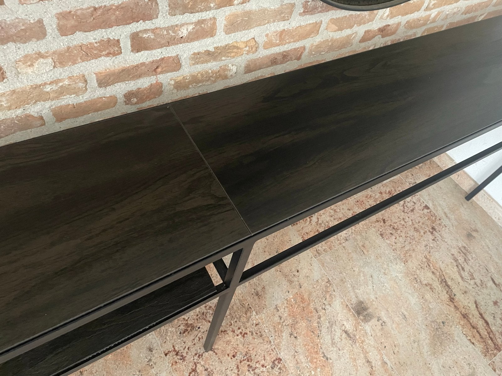 Lange console tafel/dressoir, zwart metaal en hout, Gebruikt, 200 cm of meer, Ophalen of Verzenden, Minder dan 25 cm