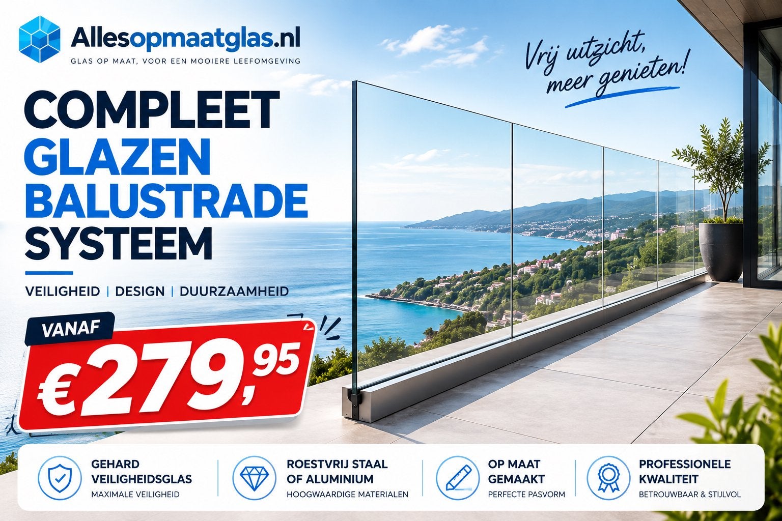 Glazen balustrade op maat – compleet veiligheidsglas, 3641RT, Verkoop@allesopmaatglas.nl, Nieuw, Ophalen of Verzenden