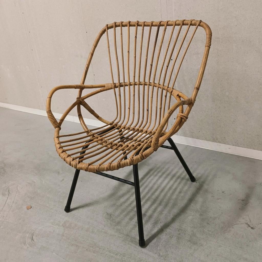 Vintage jaren 60 rotan stoel, Huis en Inrichting, Stoelen, Ophalen, Bruin, Eén