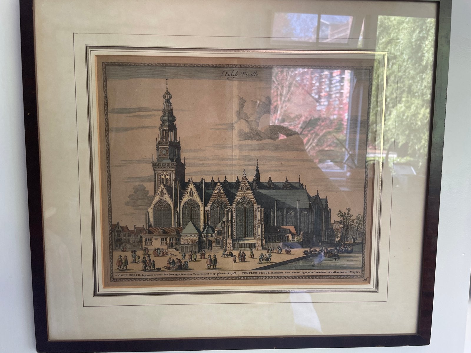 Antieke Ets van de Oude Kerk in Amsterdam, Handgekleurd, Handgekleurd, Ets, Stadsgezicht, Ophalen of Verzenden