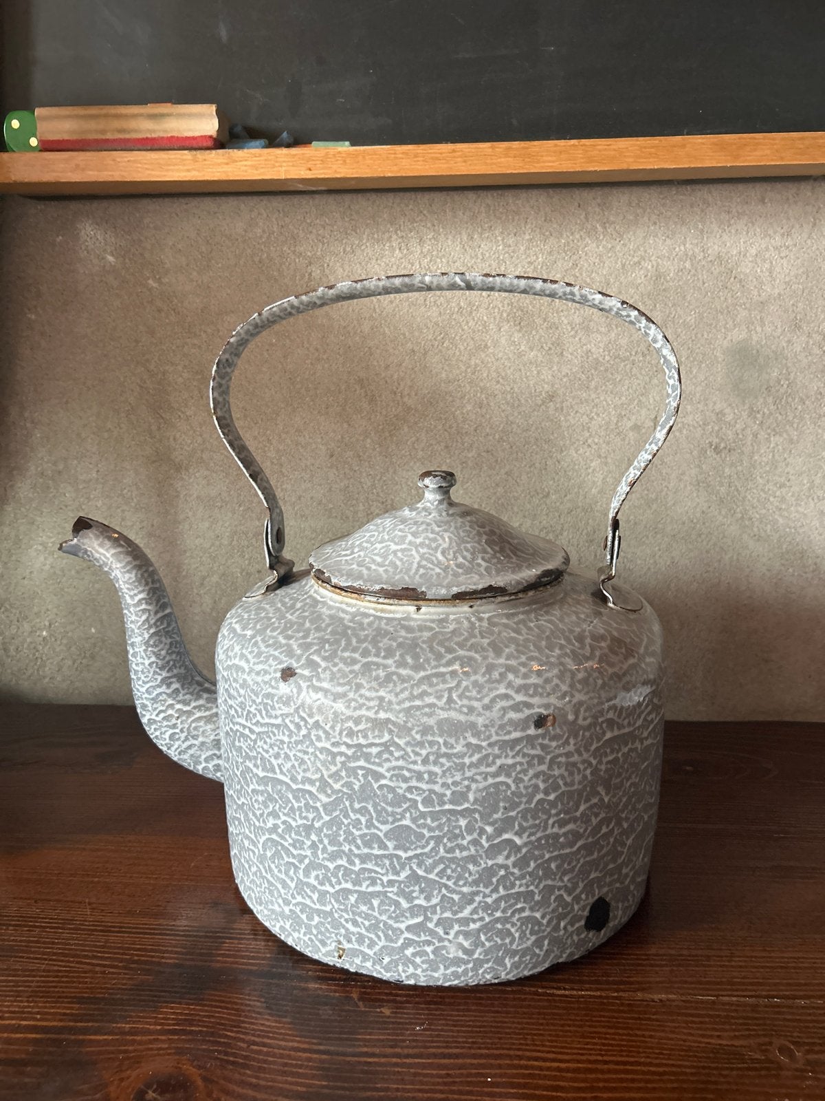 Vintage Grijze Gewolkte Emaille Waterketel / Fluitketel, Ophalen of Verzenden