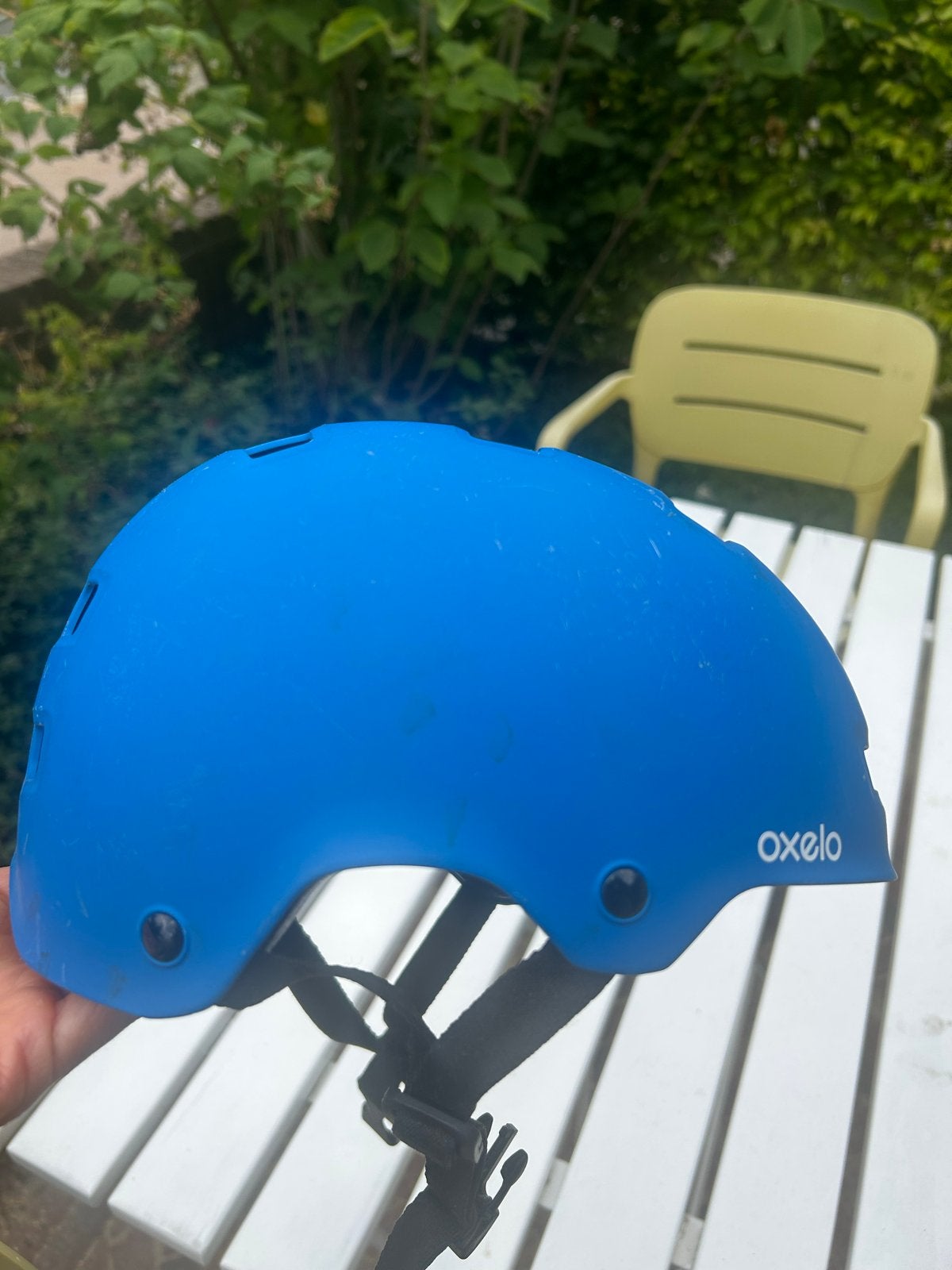 Oxelo MF500 Blauwe Kinderhelm (S) met gratis skateboard, Sport en Fitness, Skeelers, Ophalen, Gebruikt, Kinderen, Bescherming