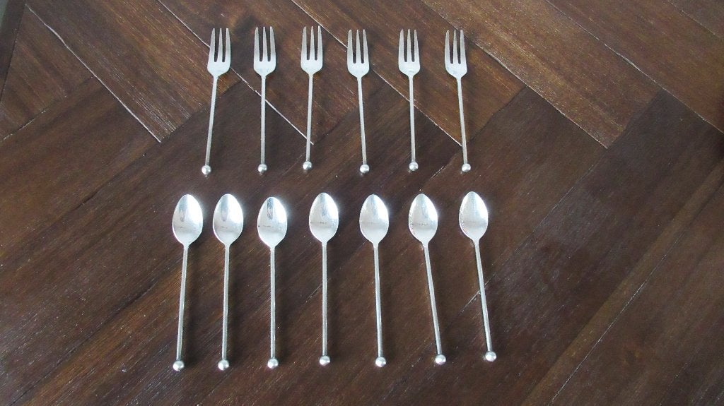6 verzilverde vorkjes en 7 verzilverde lepels, Antiek en Kunst, Antiek | Bestek, Ophalen of Verzenden