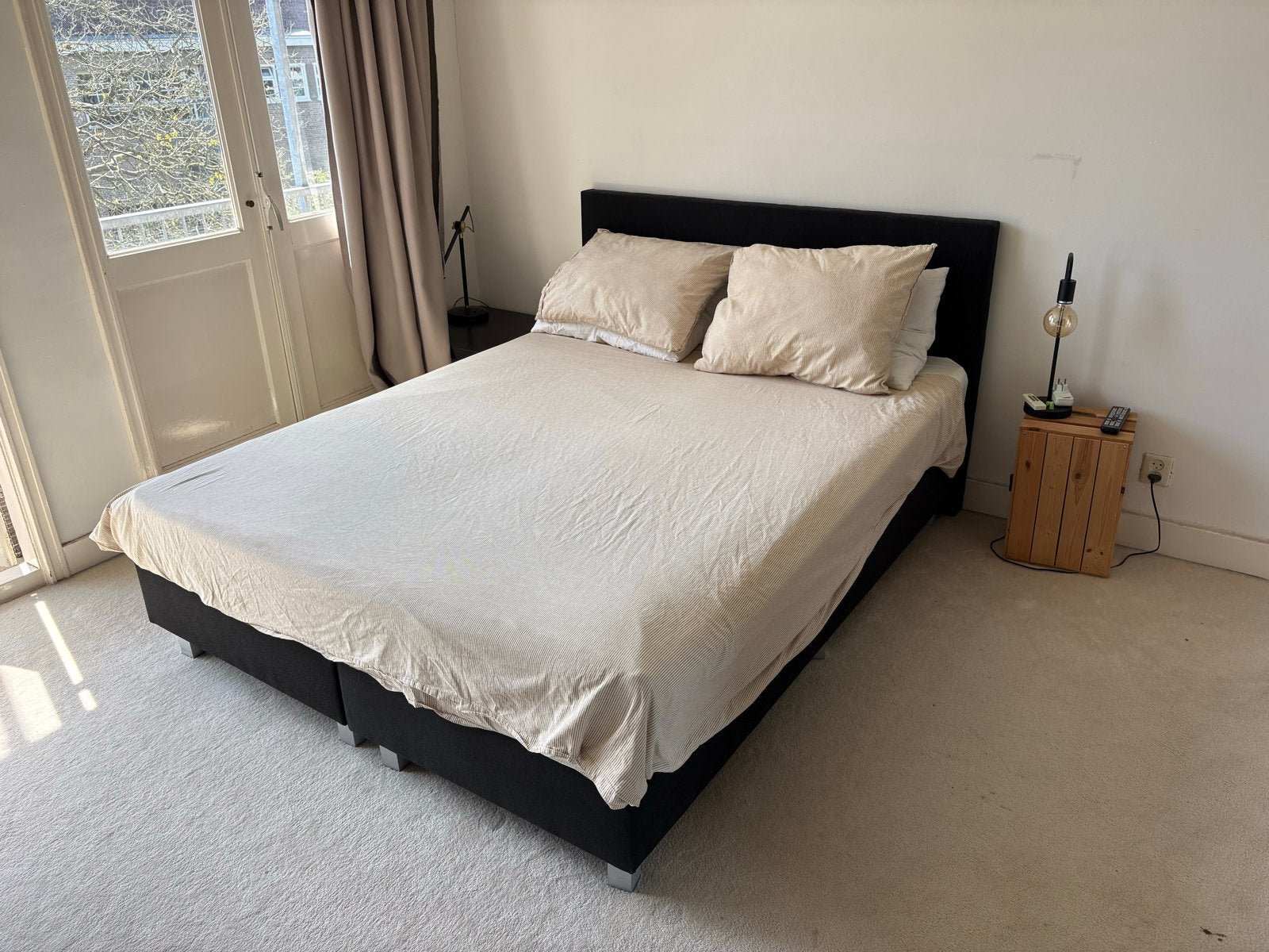 Tweepersoons boxspring 180x200cm met hoofdbord en topmatras, Ophalen, Zwart, Tweepersoons, Zo goed als nieuw