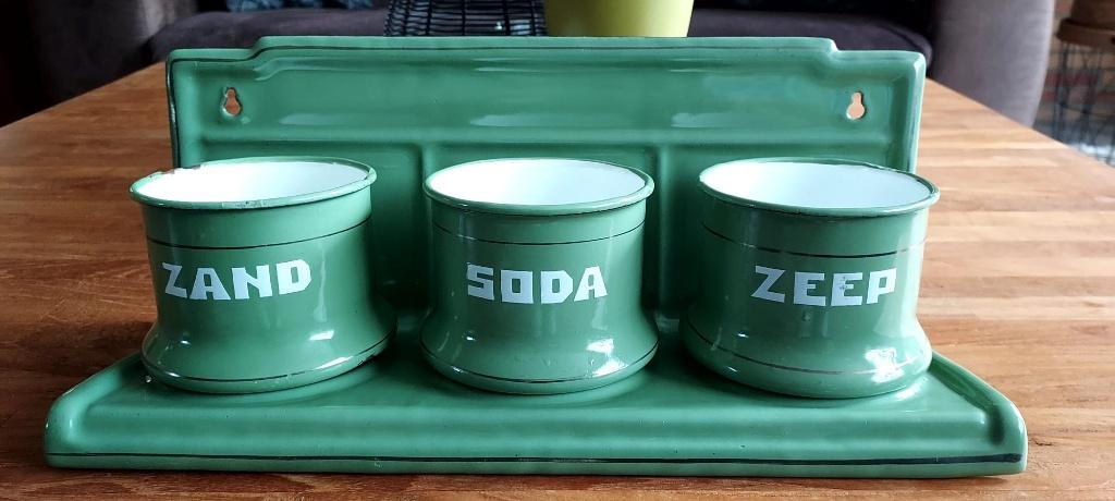 Emaille reseda groen zand zeep soda set, Ophalen of Verzenden