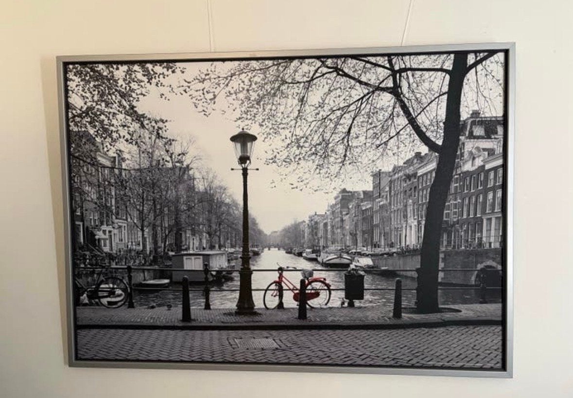 Amsterdam Gracht Zwart-Wit Canvas Schilderij, Ophalen of Verzenden, Zo goed als nieuw, Schilderij, 100 tot 125 cm