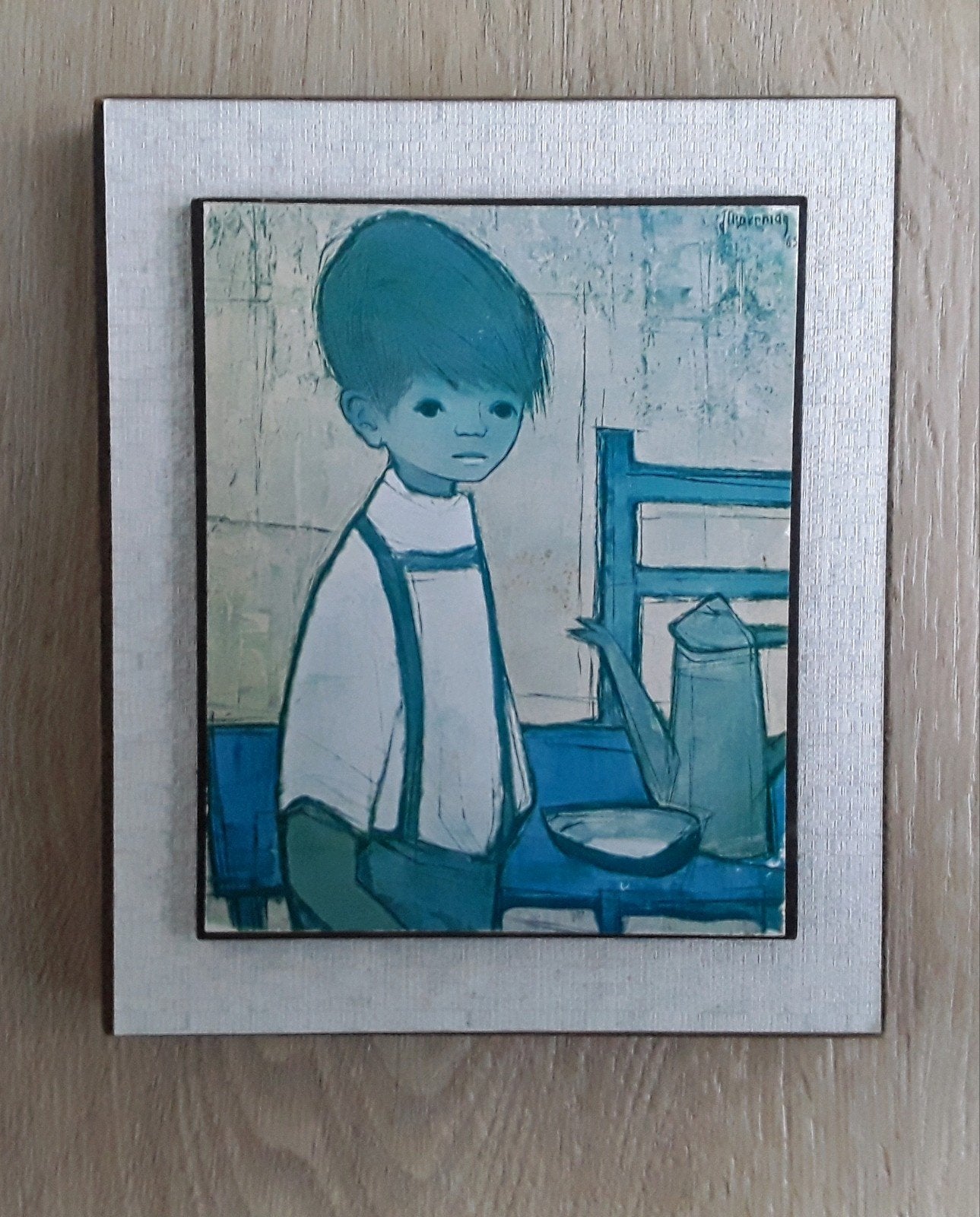 Vintage prentje/schilderijtje van jongetje, Jaklien Moerman, Minder dan 50 cm, Gebruikt, Ophalen of Verzenden, Schilderij