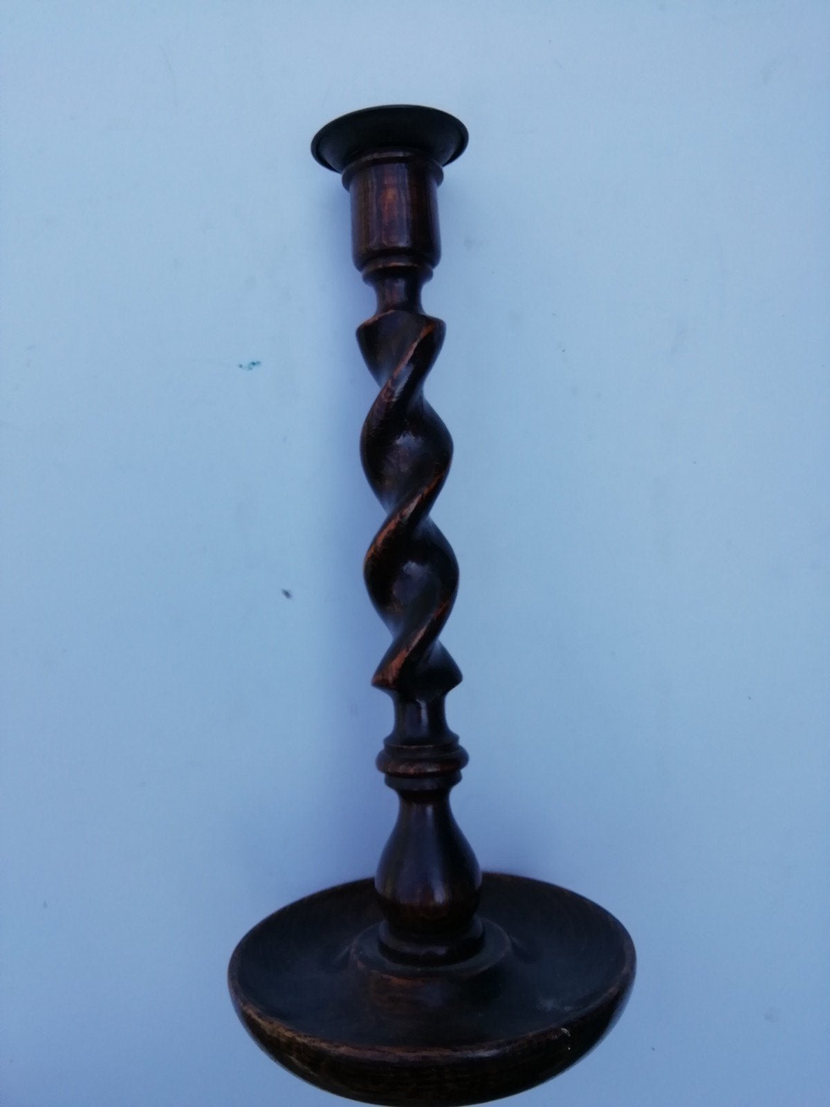 Antieke Houten Kandelaar met Bronzen Ronding, Ophalen of Verzenden