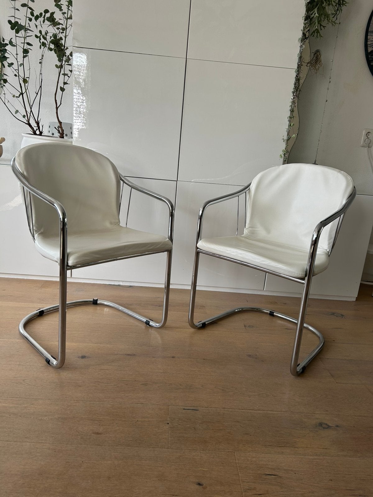 2 x zgan chrome design stoel Gastone Rinaldi bekleding leer, Ophalen, Wit, Leer, Zo goed als nieuw