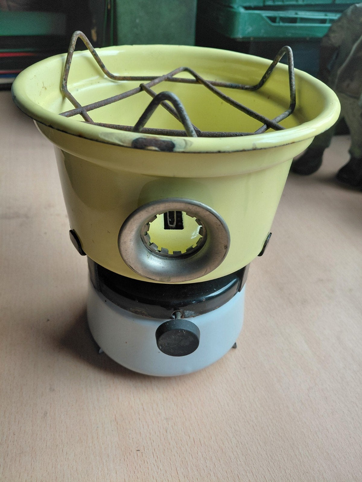 Vintage Emaille Petroleumstel - Geel/Grijs, Ophalen of Verzenden